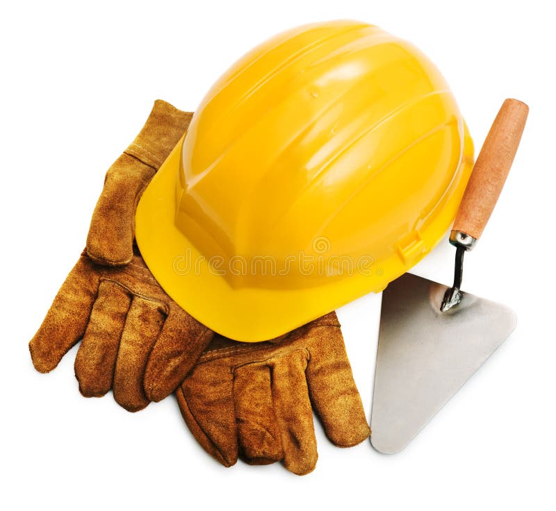 Gele bouwvakker en hulpmiddelen