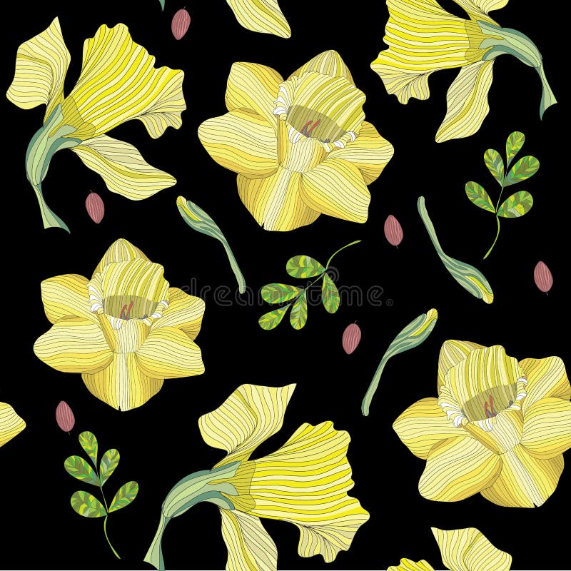 Gele Gele narcissen op een Zwarte Achtergrond - Naadloos Patroon - Vector royalty-vrije illustratie Gele Gele narcissen op een Zwarte Achtergrond - Naadloos Patroon - Vector royalty-vrije illustratie