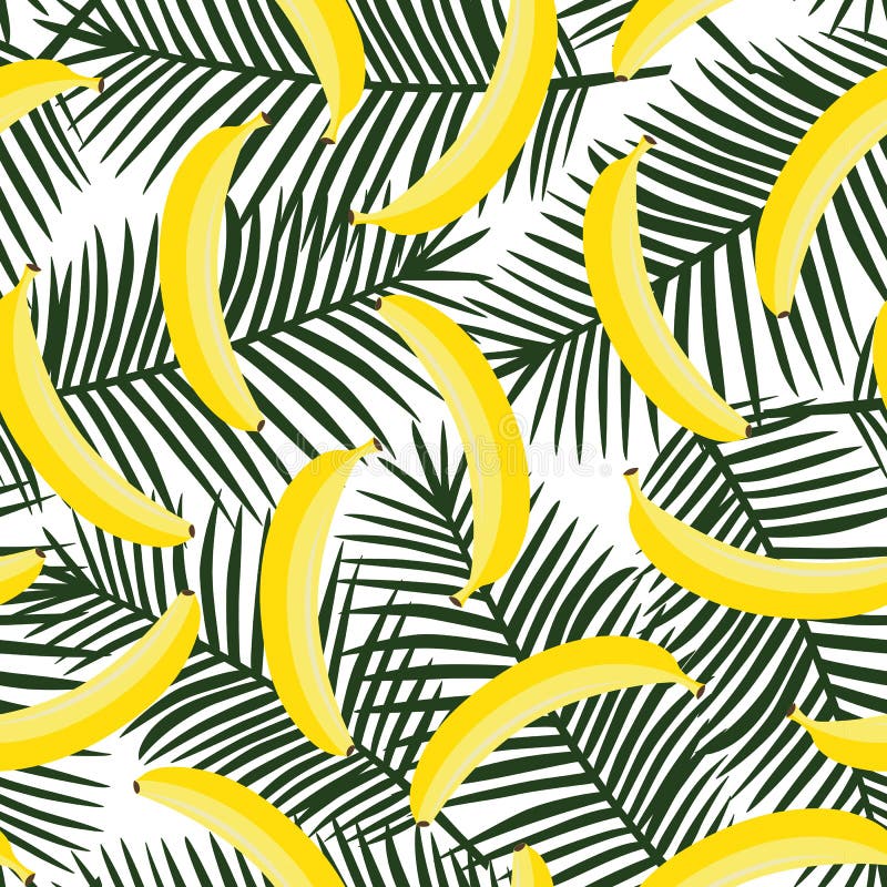 Gele pastelkleurbanaan op een groene palmbladenachtergrond exotische su stock illustratie Gele pastelkleurbanaan op een groene palmbladenachtergrond exotische su stock illustratie
