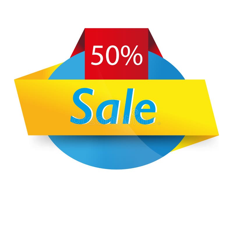 Gele rode linten op blauwe ronde vorm 50% het malplaatjeontwerp van de verkoopbanner Grote verkoopspeciale aanbieding Gele blauwe stock illustratie Gele rode linten op blauwe ronde vorm 50% het malplaatjeontwerp van de verkoopbanner Grote verkoopspeciale aanbieding Gele blauwe stock illustratie