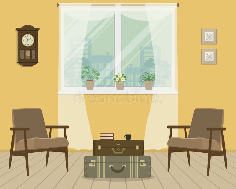 Gele woonkamer in retro stijl vector illustratie Gele woonkamer in retro stijl vector illustratie