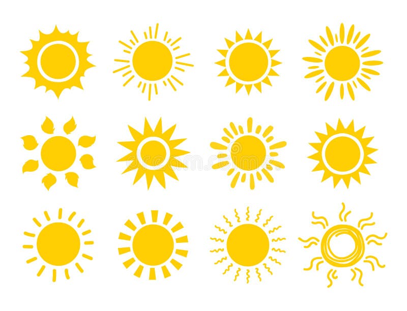 Gele zonnepictogramset. oranje zomerzonneschermen. weer helder zonlicht. vectorzonnebrandlogo