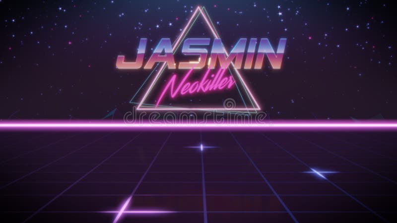 Gelsomino di nome nello stile dello synthwave. Cromi il gelsomino di nome con sottotitolo del neokiller nel retro stile dello synthwave con il triangolo nei colori viola e neri blu