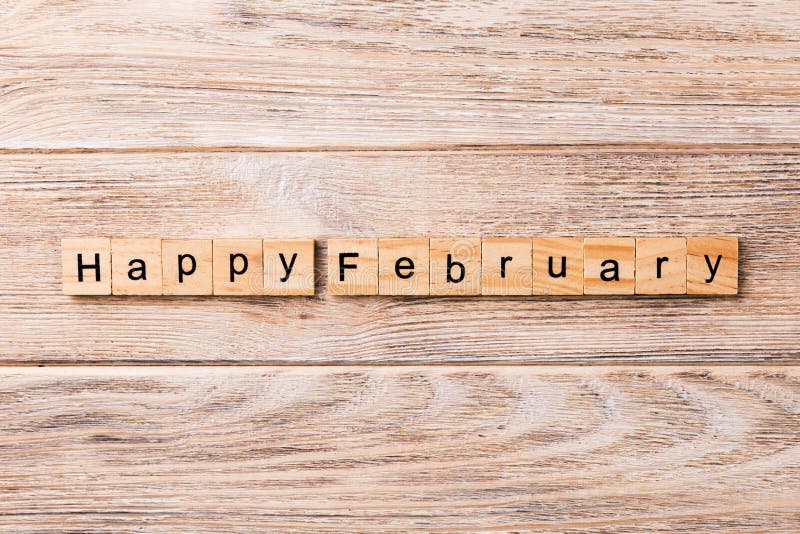 Gelukkig Februari-woord dat op houtsnede wordt geschreven Gelukkige Februari-tekst op lijst, concept