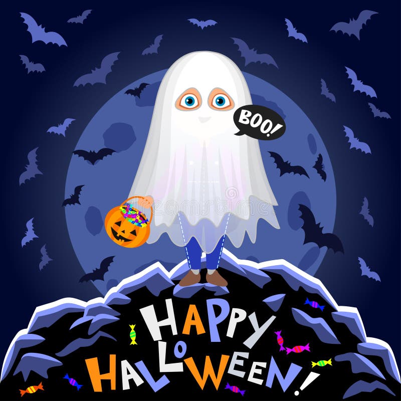 Gelukkig Halloween Jongen in Halloween-kostuum op maanachtergrond stock illustratie Gelukkig Halloween Jongen in Halloween-kostuum op maanachtergrond stock illustratie
