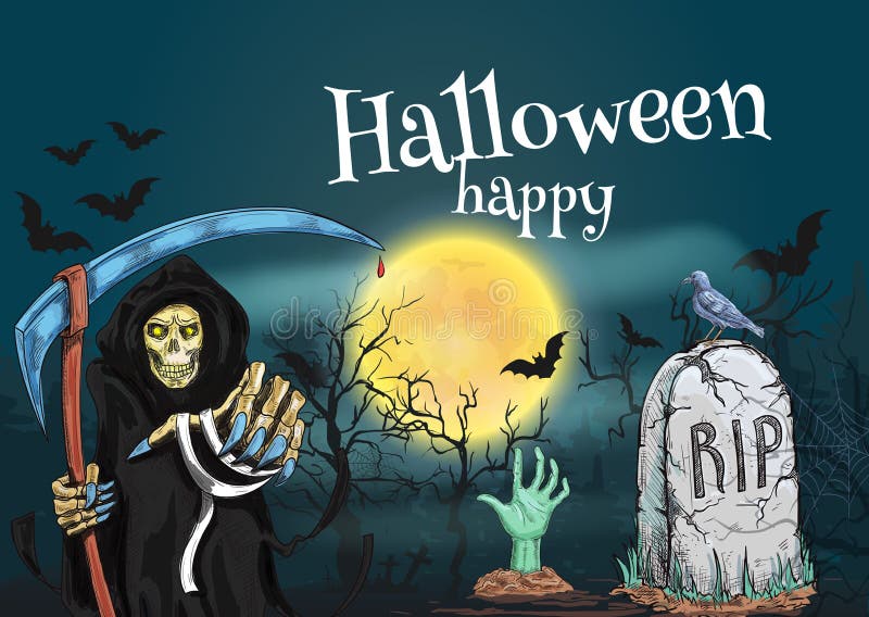 Gelukkig Halloween met dood en begraafplaats stock illustratie Gelukkig Halloween met dood en begraafplaats stock illustratie