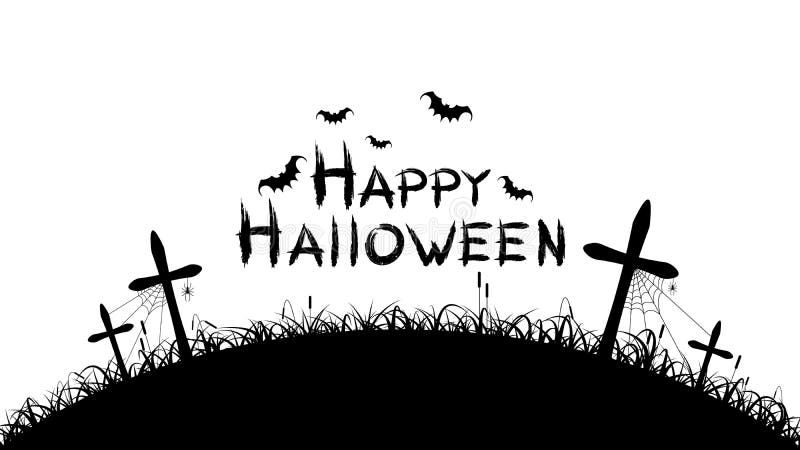 Gelukkig Halloween Zwarte tekstbanner op een witte achtergrond Begraafplaats met kruisen Spinnen, knuppels en spiderweb Grungetek vector illustratie Gelukkig Halloween Zwarte tekstbanner op een witte achtergrond Begraafplaats met kruisen Spinnen, knuppels en spiderweb Grungetek vector illustratie