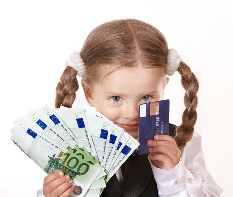 Gelukkig kind met geld en credut kaart. royalty-vrije stock afbeeldingen Gelukkig kind met geld en credut kaart. royalty-vrije stock afbeeldingen