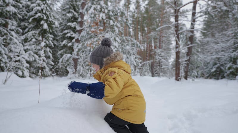 Gelukkig kind speelt in het winterbos een schattige jongen met warme hoed en jasje loopt in het park