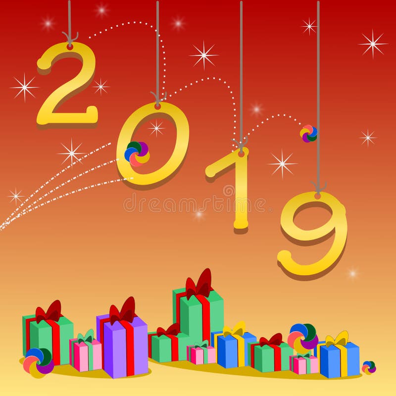 Gelukkig nieuw jaar 2019 en groetenkaart stock illustratie Gelukkig nieuw jaar 2019 en groetenkaart stock illustratie