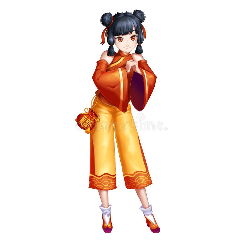 Gelukkig Nieuwjaar Chinees Traditioneel Meisje met de Stijl van Anime en van het Beeldverhaal royalty-vrije illustratie Gelukkig Nieuwjaar Chinees Traditioneel Meisje met de Stijl van Anime en van het Beeldverhaal royalty-vrije illustratie