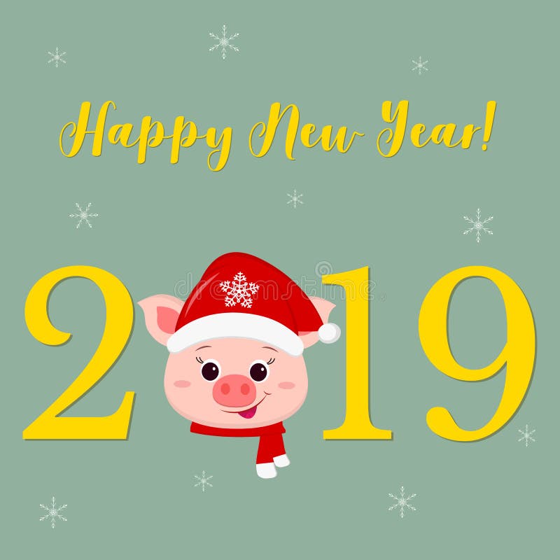 Gelukkig Nieuwjaar en de Vrolijke kaart van de Kerstmisgroet Leuk varkenshoofd in de hoed van de Kerstman en sjaal op groene acht stock illustratie Gelukkig Nieuwjaar en de Vrolijke kaart van de Kerstmisgroet Leuk varkenshoofd in de hoed van de Kerstman en sjaal op groene acht stock illustratie