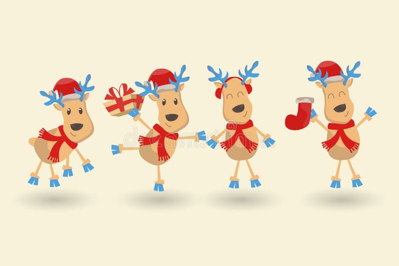 Gelukkig Nieuwjaar en de Vrolijke kaart van de Kerstmisgroet De reeks van zes rendieren in verschillende kostuums en stelt, diver vector illustratie Gelukkig Nieuwjaar en de Vrolijke kaart van de Kerstmisgroet De reeks van zes rendieren in verschillende kostuums en stelt, diver vector illustratie