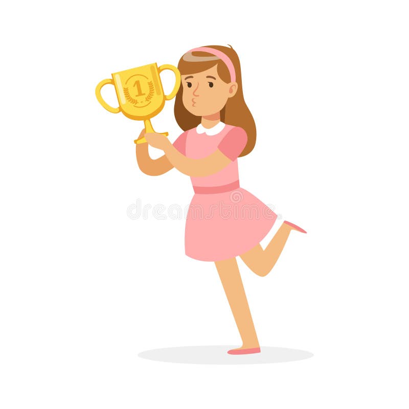 Gelukkig schoolmeisje die in roze de winnaarkop van de kledingsholding, jong geitje haar vectorillustratie van het overwinningsbe stock illustratie Gelukkig schoolmeisje die in roze de winnaarkop van de kledingsholding, jong geitje haar vectorillustratie van het overwinningsbe stock illustratie