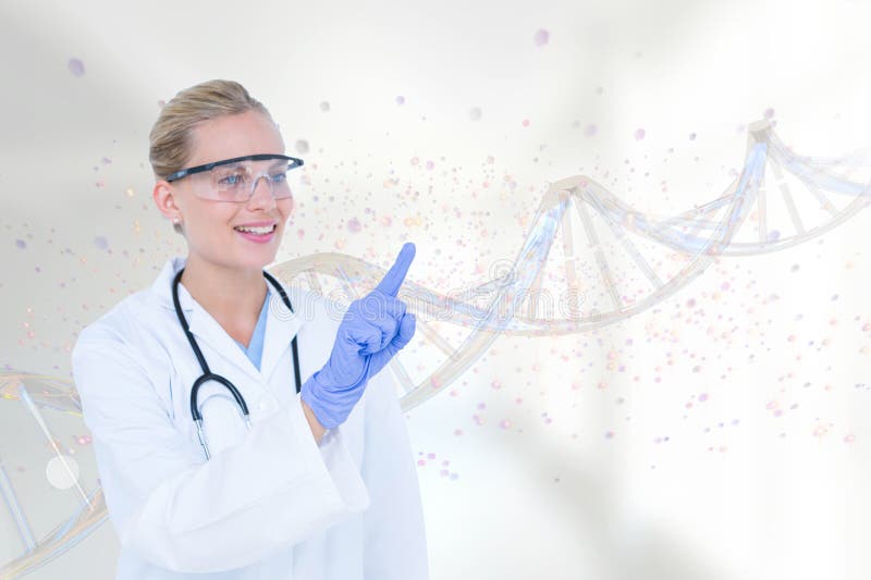 Gelukkige artsenvrouw die met 3D DNA-bundel interactie aangaan royalty-vrije stock foto's Gelukkige artsenvrouw die met 3D DNA-bundel interactie aangaan royalty-vrije stock foto's