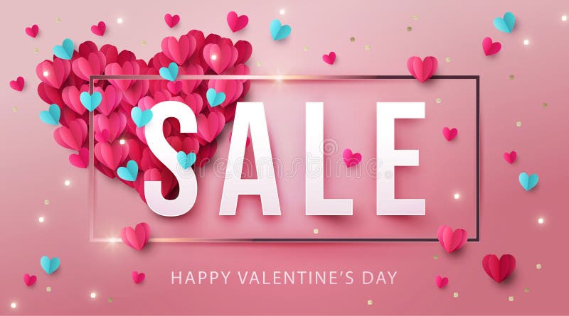 Gelukkige de Verkoopbanner van de Valentijnskaartendag, affiche of vliegerontwerp met groot hart dat van roze en blauwe origamiha vector illustratie Gelukkige de Verkoopbanner van de Valentijnskaartendag, affiche of vliegerontwerp met groot hart dat van roze en blauwe origamiha vector illustratie