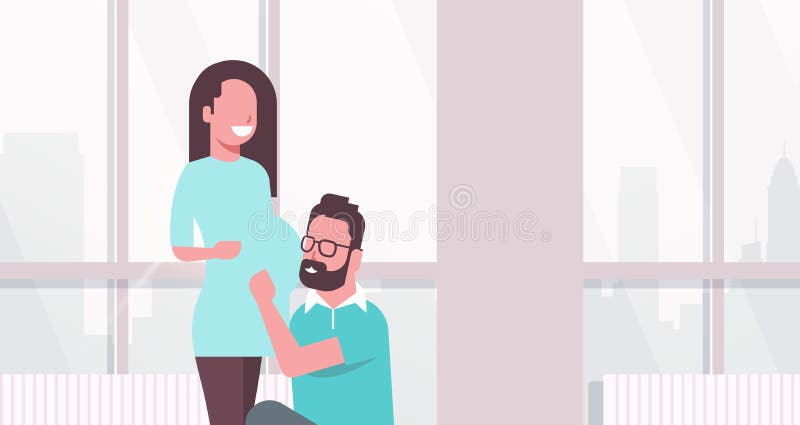 Gelukkige echtgenoot die zijn zwangere het paarman van de vrouwenbuik vrouw die zwangerschap en ouderschap modern concept omhelze stock illustratie Gelukkige echtgenoot die zijn zwangere het paarman van de vrouwenbuik vrouw die zwangerschap en ouderschap modern concept omhelze stock illustratie