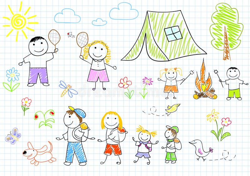 Happy family in camping. Sketch on notebook page. Happy family in camping. Sketch on notebook page