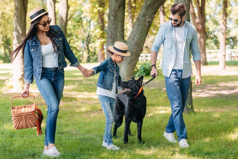 Gelukkige familie tussen verschillende rassen met de handen van de hondholding en het lopen in zonnig bos royalty-vrije stock foto Gelukkige familie tussen verschillende rassen met de handen van de hondholding en het lopen in zonnig bos royalty-vrije stock foto