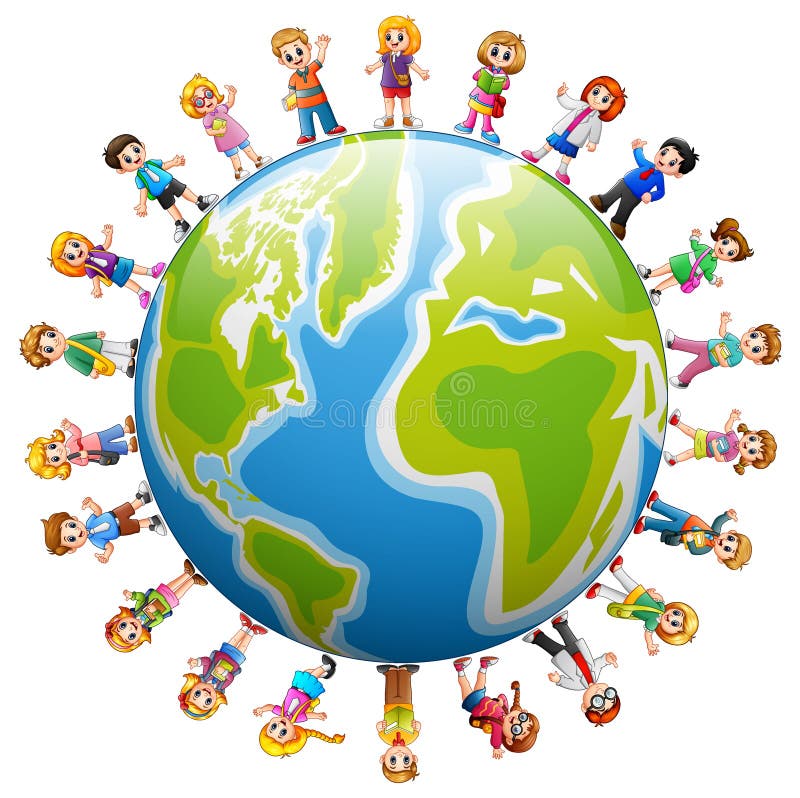 Gelukkige groep kinderen die zich rond de wereld bevinden stock illustratie Gelukkige groep kinderen die zich rond de wereld bevinden stock illustratie