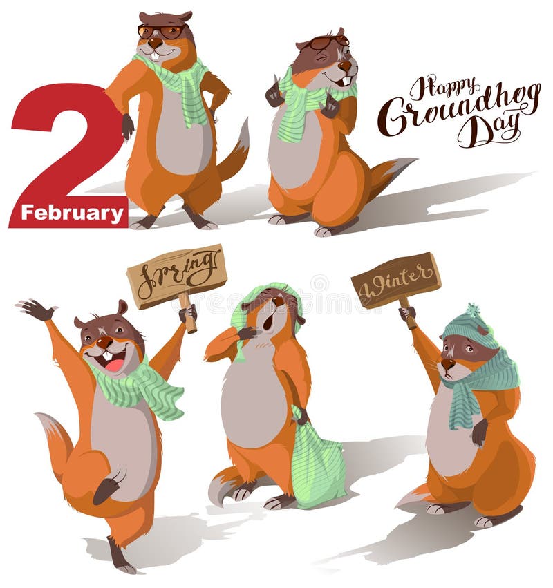 Gelukkige Groundhog-Dag De vastgestelde Marmot giet schaduw Van letters voorziende tekst voor groetkaart vector illustratie Gelukkige Groundhog-Dag De vastgestelde Marmot giet schaduw Van letters voorziende tekst voor groetkaart vector illustratie