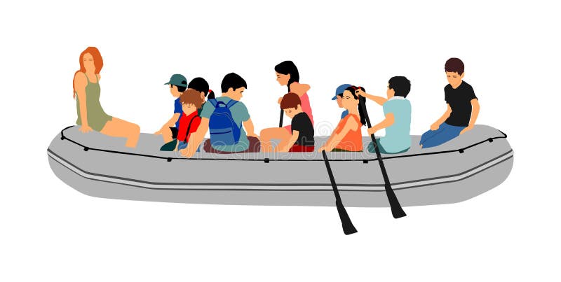 Gelukkige jonge geitjes die met rubberbootvector rafting Pret bij het strand Meisjes en jongens genieten die op rivier op opblaas royalty-vrije illustratie Gelukkige jonge geitjes die met rubberbootvector rafting Pret bij het strand Meisjes en jongens genieten die op rivier op opblaas royalty-vrije illustratie