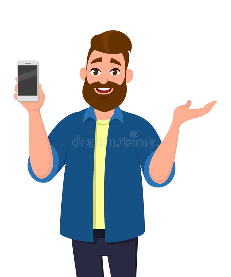Gelukkige jonge mens die smartphone tonen en handgebaar tonen vector illustratie Gelukkige jonge mens die smartphone tonen en handgebaar tonen vector illustratie
