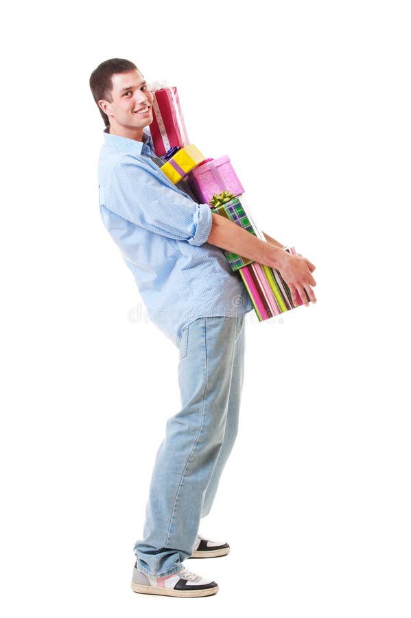 Portrait of happy guy with gift boxes. isolated on white background. Portrait of happy guy with gift boxes. isolated on white background