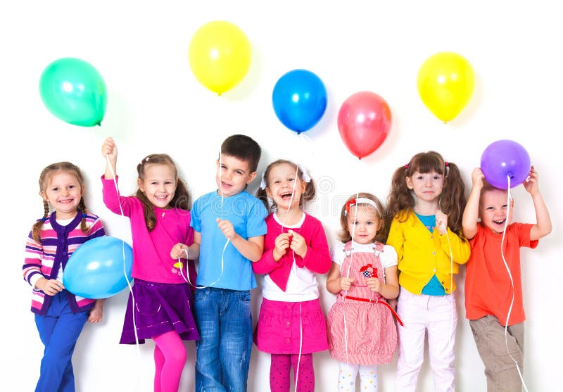 Gelukkige kinderen met ballons stock fotografie Gelukkige kinderen met ballons stock fotografie