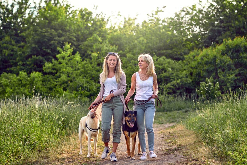 Gelukkige lachende jonge vrouwen die hun honden lopen