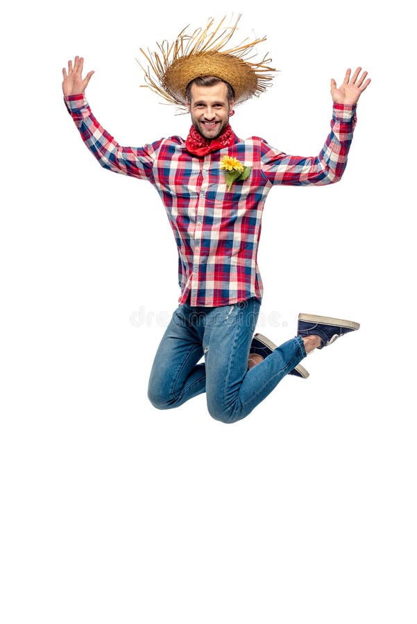 Happy man in Straw Hat jumping with Raised Hands Isolated On White. Happy man in Straw Hat jumping with Raised Hands Isolated On White