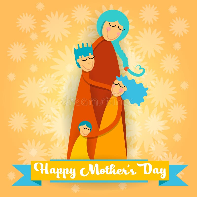 Gelukkige Moederdag, Familieliefde omhelzen Drie Kinderen, de Mammajongen en het Meisje Groetkaart stock illustratie Gelukkige Moederdag, Familieliefde omhelzen Drie Kinderen, de Mammajongen en het Meisje Groetkaart stock illustratie