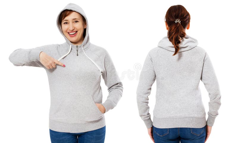 Gelukkige mooie gerichte modieuze middenleeftijdsvrouw in hoodie voor en achtermening, witte vrouw in sweatshirtmodel die op wit stock afbeelding Gelukkige mooie gerichte modieuze middenleeftijdsvrouw in hoodie voor en achtermening, witte vrouw in sweatshirtmodel die op wit stock afbeelding