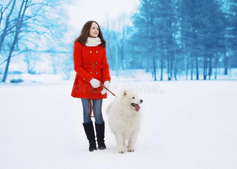 Happy pretty woman walking with white Samoyed dog outdoors in winter park. Happy pretty woman walking with white Samoyed dog outdoors in winter park