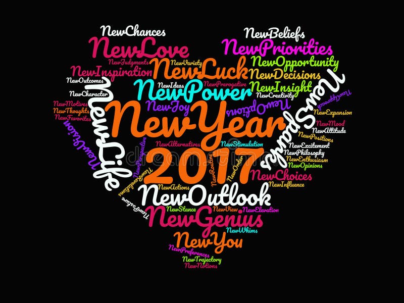 Gelukkige Nieuwjaar 2017 Inspirational Citaten en het Motieven Zeggen op de Zwarte Affiche van het Achtergrond Veelkleurige Hart stock illustratie Gelukkige Nieuwjaar 2017 Inspirational Citaten en het Motieven Zeggen op de Zwarte Affiche van het Achtergrond Veelkleurige Hart stock illustratie