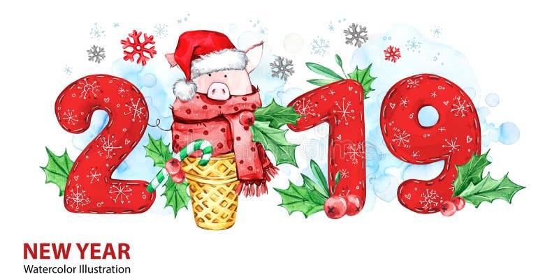 2019 Gelukkige Nieuwjaarbanner Leuk varken met Kerstmanhoed in wafelkegel en aantallen De illustratie van de groetwaterverf Symbo vector illustratie 2019 Gelukkige Nieuwjaarbanner Leuk varken met Kerstmanhoed in wafelkegel en aantallen De illustratie van de groetwaterverf Symbo vector illustratie
