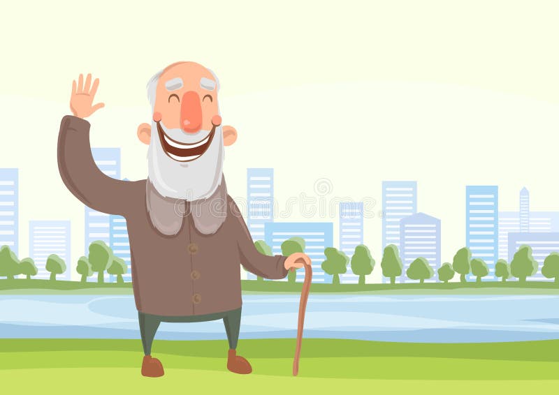 Gelukkige oude mens met een riet op de ochtendgang in stadspark Actieve levensstijl en sportactiviteiten in oude dag Vector