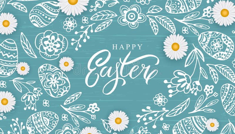 Gelukkige Pasen-banner met hand getrokken bloemen, ei op houten achtergrond