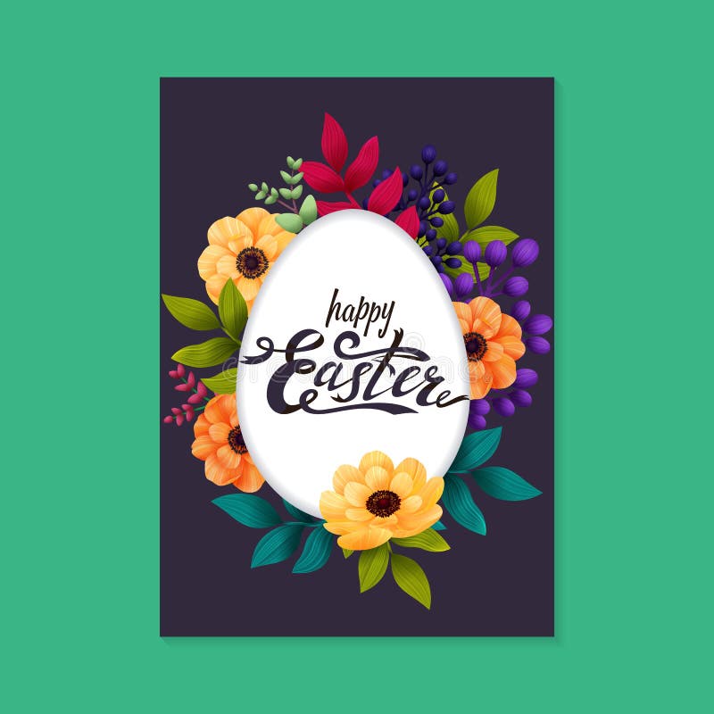 Gelukkige Pasen-Groetkaart Het kalligrafische van letters voorzien op wit eikader en kleurrijke exotische bloemen donkere achterg stock illustratie Gelukkige Pasen-Groetkaart Het kalligrafische van letters voorzien op wit eikader en kleurrijke exotische bloemen donkere achterg stock illustratie