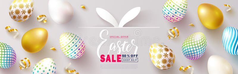Gelukkige Pasen-verkoopbanner Mooie Achtergrond met kleurrijke eieren en Gouden kronkelweg Vectorillustratie voor website