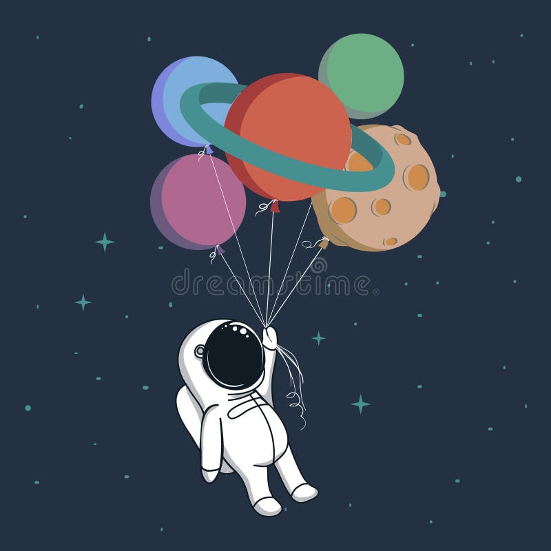 Happy spaceman keeps a balloons like a planets in space .Childish cartoon vector illustration. Happy spaceman keeps a balloons like a planets in space .Childish cartoon vector illustration