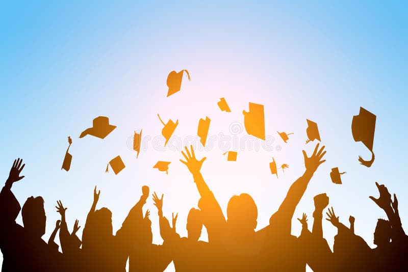 Gelukkige studenten die graduatiekappen in de lucht werpen royalty-vrije stock foto Gelukkige studenten die graduatiekappen in de lucht werpen royalty-vrije stock foto