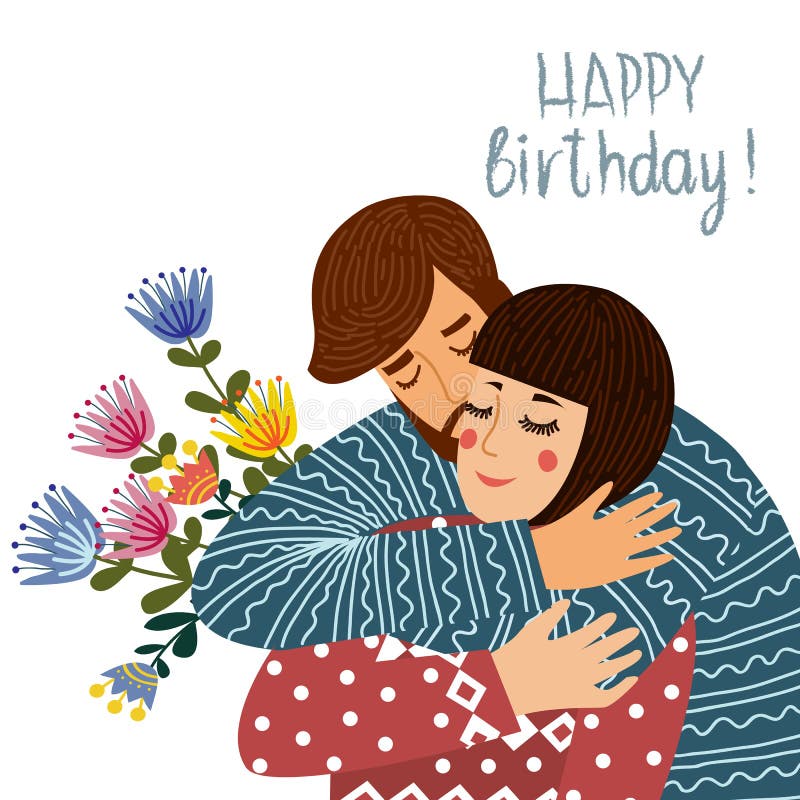 Gelukkige Verjaardag De man kust en wenst een vrouw, Paar in liefde met tekst op een witte achtergrond geluk Vlak leuk ontwerp stock illustratie Gelukkige Verjaardag De man kust en wenst een vrouw, Paar in liefde met tekst op een witte achtergrond geluk Vlak leuk ontwerp stock illustratie