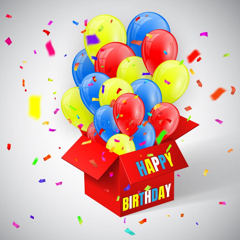 Gelukkige Verjaardagsaffiche met confettien en Ballonsbos die van open rood vakje vliegen Vector illustratie vector illustratie Gelukkige Verjaardagsaffiche met confettien en Ballonsbos die van open rood vakje vliegen Vector illustratie vector illustratie