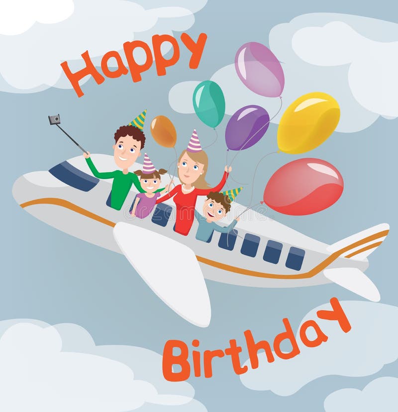 Gelukkige verjaardagskaart Familie in Vliegtuig Gelukkige familie met ballons