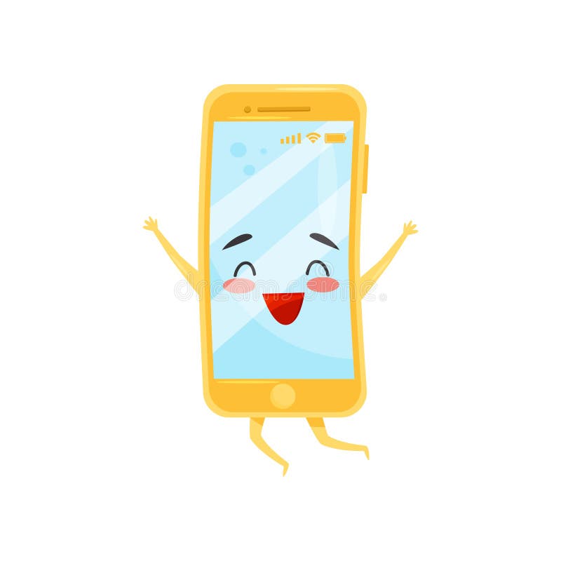 Gelukkige vermenselijkte mobiele telefoon in springende actie Smartphone met leuk gezicht Vlak vectorelement voor verkoopbanner royalty-vrije illustratie Gelukkige vermenselijkte mobiele telefoon in springende actie Smartphone met leuk gezicht Vlak vectorelement voor verkoopbanner royalty-vrije illustratie