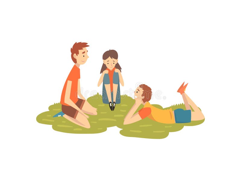 Gelukkige Vrienden die bij Gras, Twee Jongens en Meisje het Spelen op Aard, Vectorillustratie van de Zomer de Openluchtactiviteit stock illustratie Gelukkige Vrienden die bij Gras, Twee Jongens en Meisje het Spelen op Aard, Vectorillustratie van de Zomer de Openluchtactiviteit stock illustratie