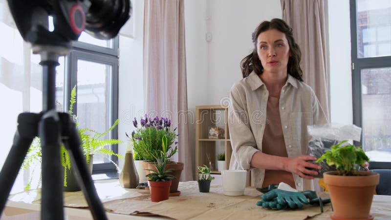 Gelukkige vrouw of blogger die thuis bloemen plant