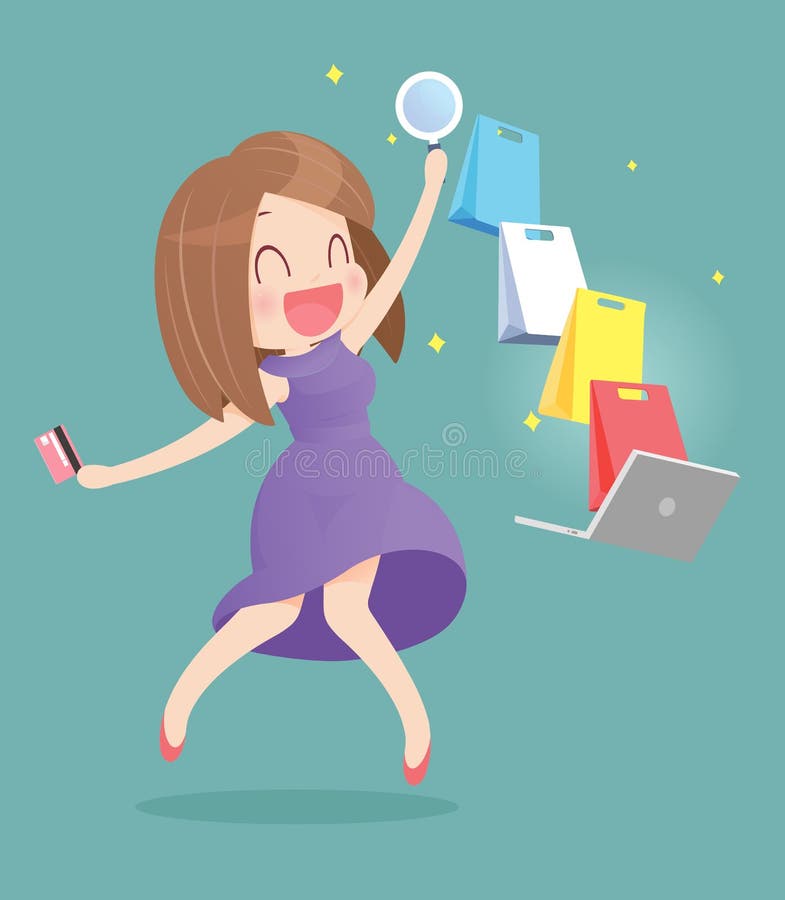 Gelukkige vrouw die online het winkelen doen vector illustratie Gelukkige vrouw die online het winkelen doen vector illustratie