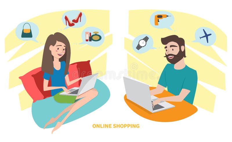 Gelukkige vrouw en gelukkige man die online thuis het winkelen doen vector illustratie Gelukkige vrouw en gelukkige man die online thuis het winkelen doen vector illustratie